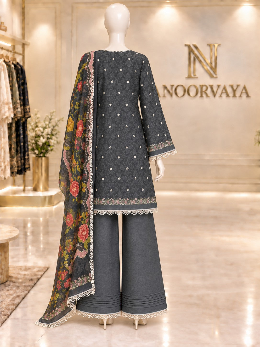 Charcoal Floral 3-Piece Printed Suit - back view