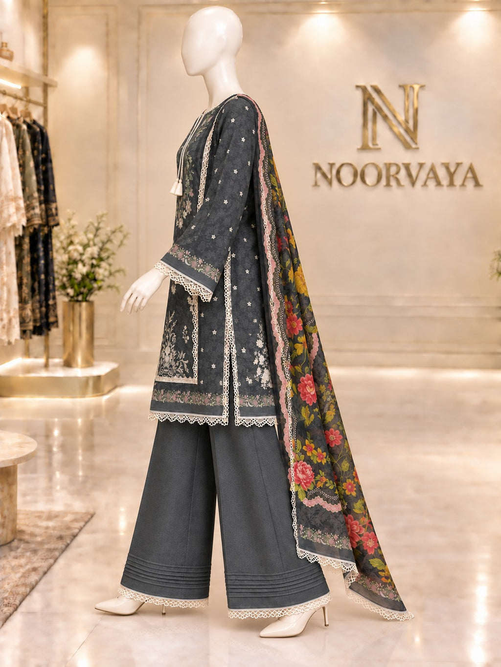 Charcoal Floral 3-Piece Printed Suit - left view