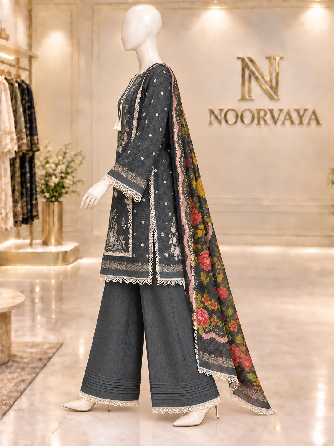 Charcoal Floral 3-Piece Printed Suit - left view