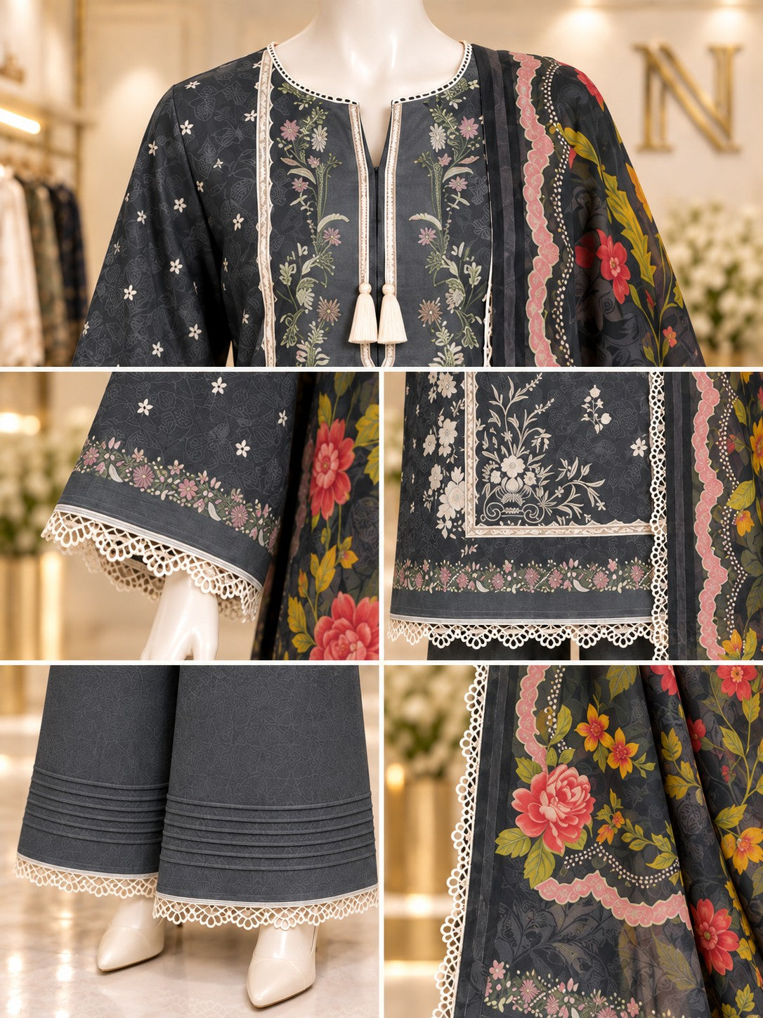 Charcoal Floral 3-Piece Printed Suit - details view