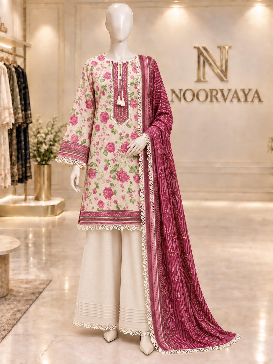 Ivory Rose 3-Piece Printed Suit - front view