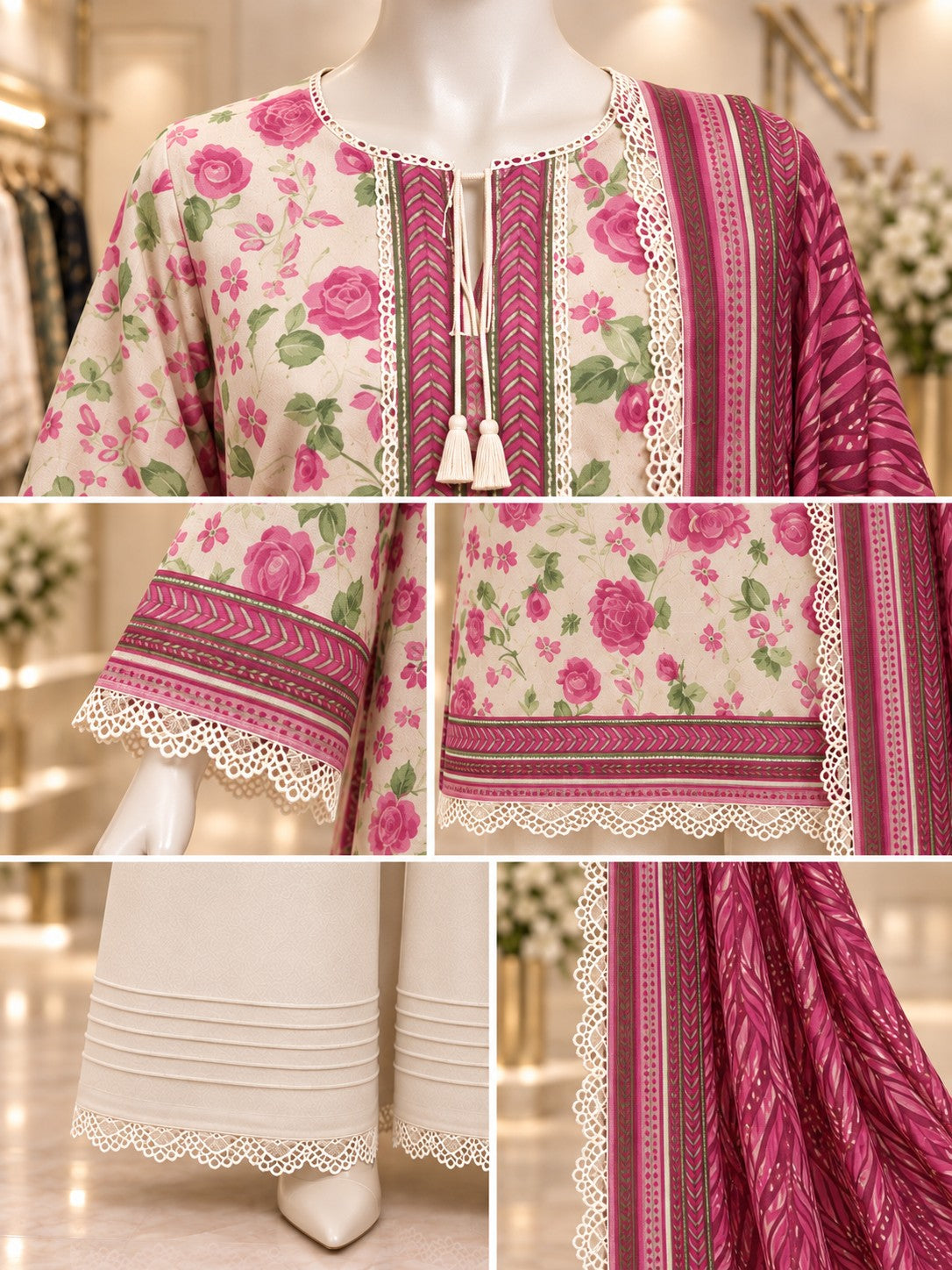 Ivory Rose 3-Piece Printed Suit - details view