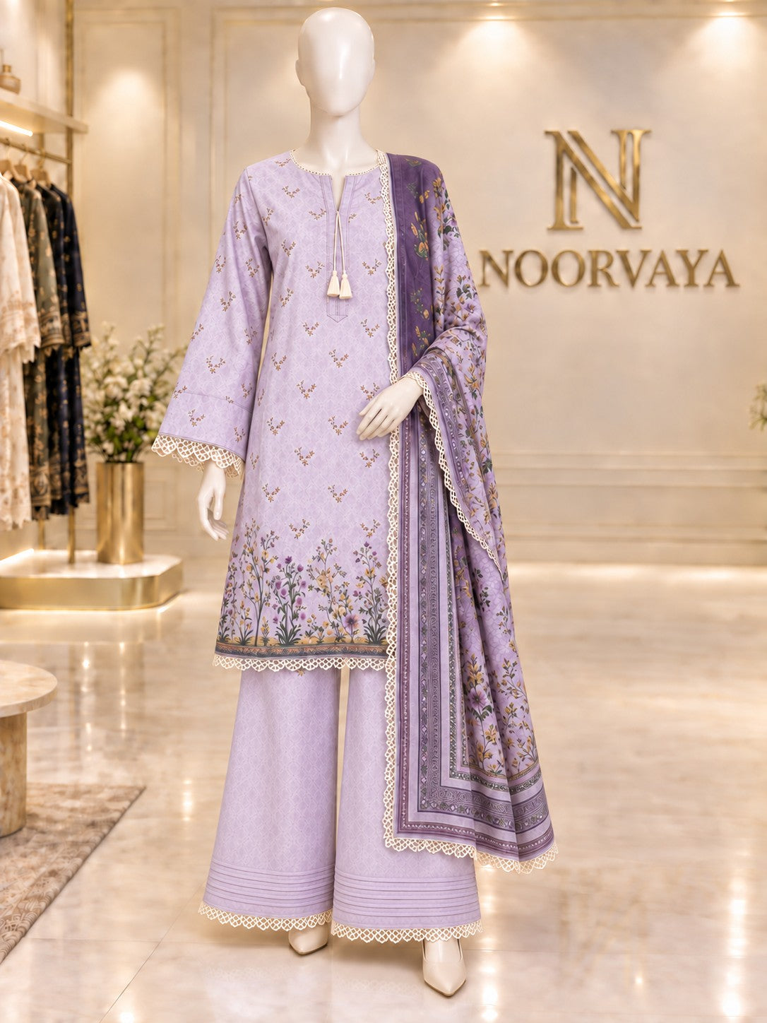 Lavender Meadow 3-Piece Printed Lawn Suit - front view