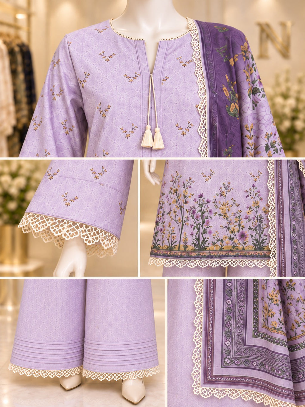 Lavender Meadow 3-Piece Printed Lawn Suit - details view