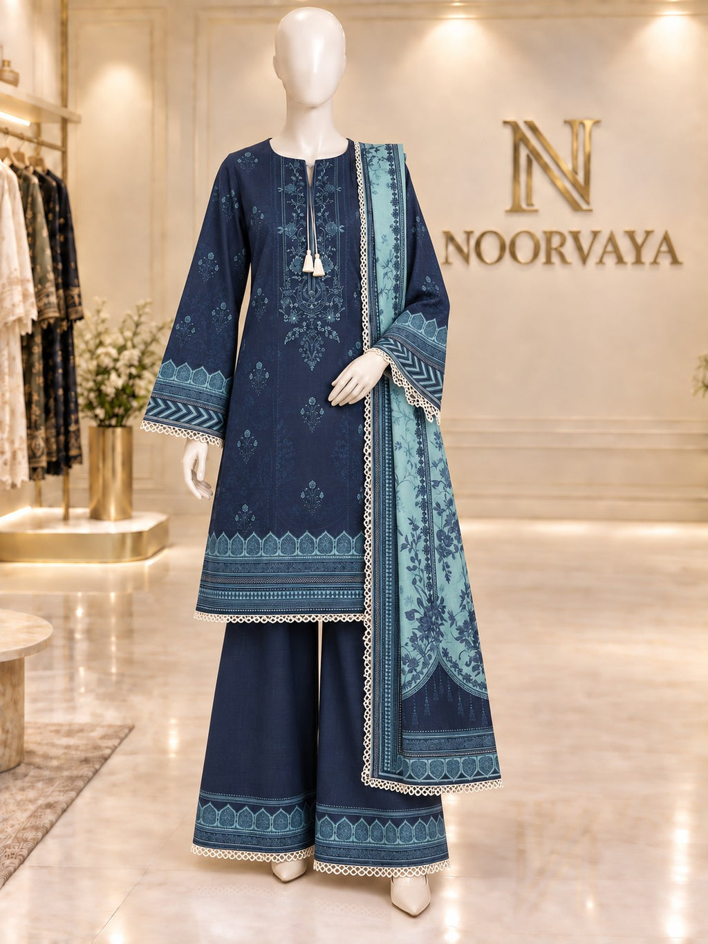Midnight Aqua 3-Piece Printed Lawn Suit - front view