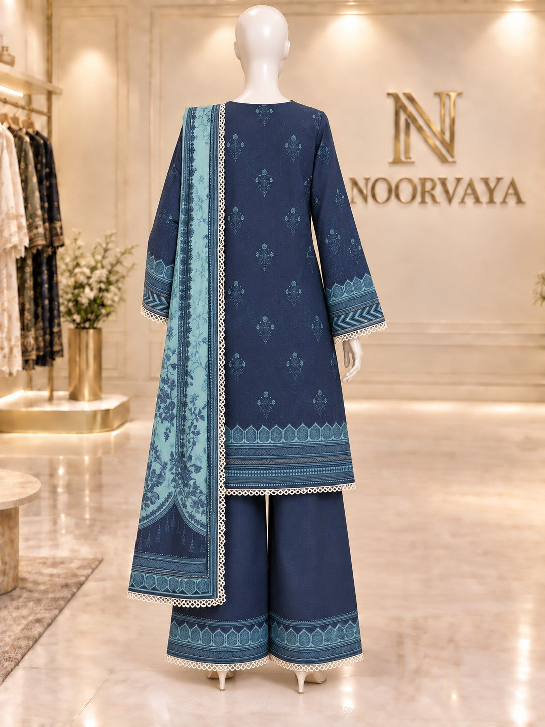 Midnight Aqua 3-Piece Printed Lawn Suit - back view