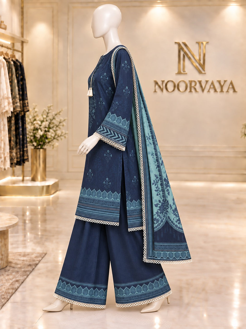 Midnight Aqua 3-Piece Printed Lawn Suit - left view