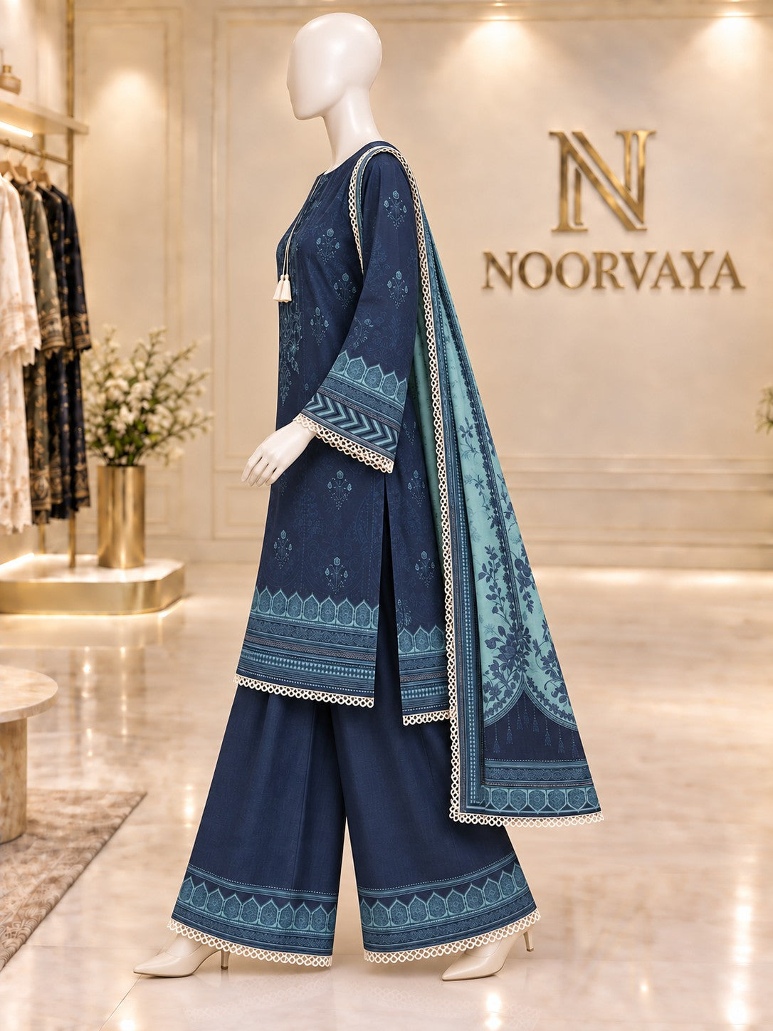 Midnight Aqua 3-Piece Printed Lawn Suit - left view