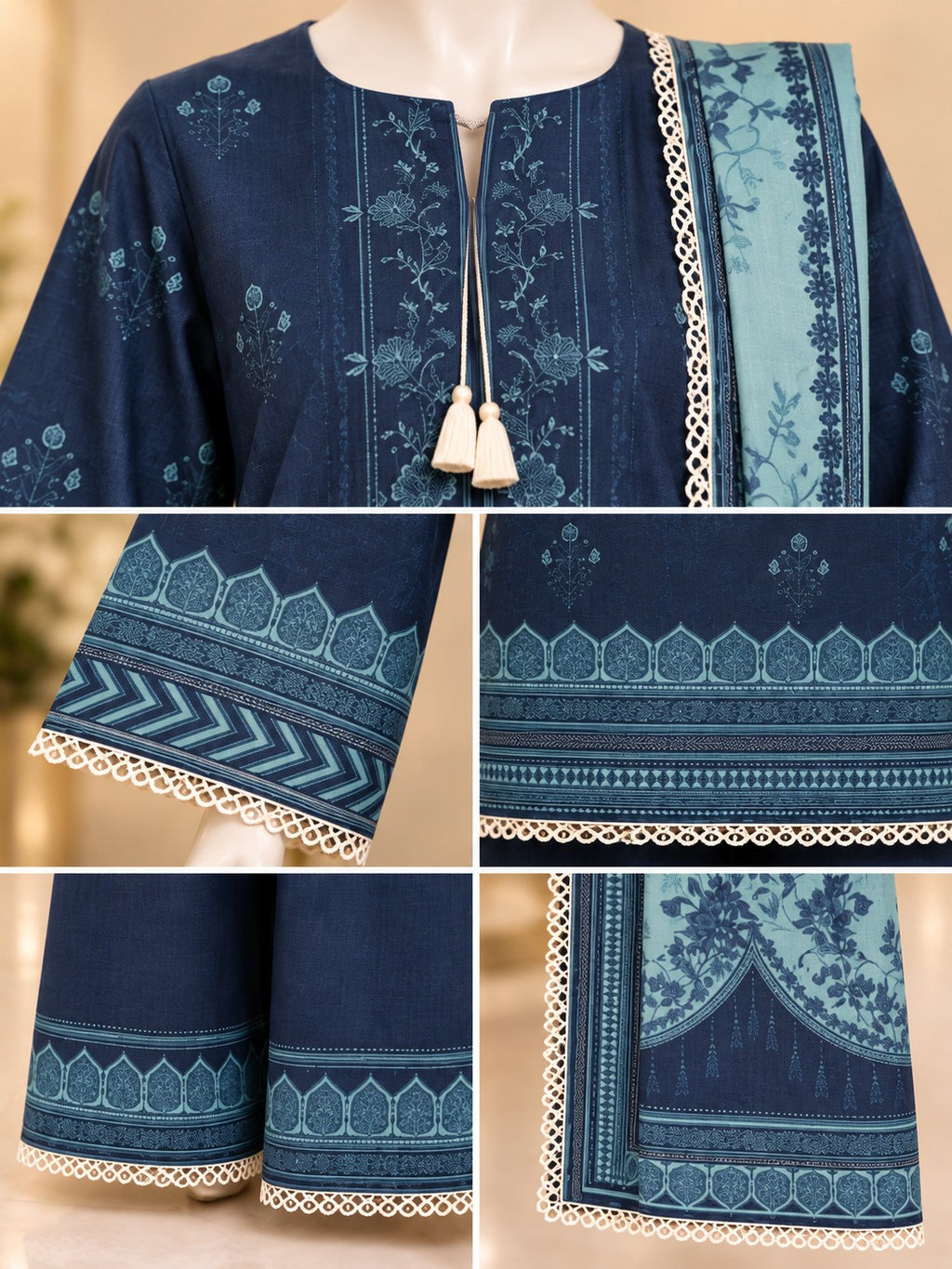 Midnight Aqua 3-Piece Printed Lawn Suit - details view