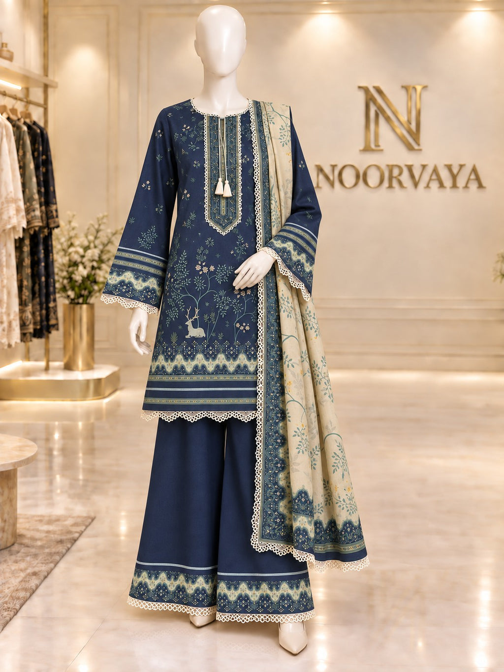 Navy Woodland 3-Piece Printed Lawn Suit - front view