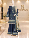 Navy Woodland 3-Piece Printed Lawn Suit - front view