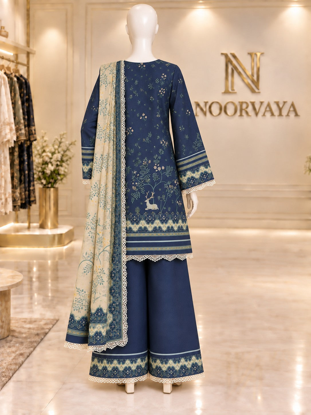 Navy Woodland 3-Piece Printed Lawn Suit - back view