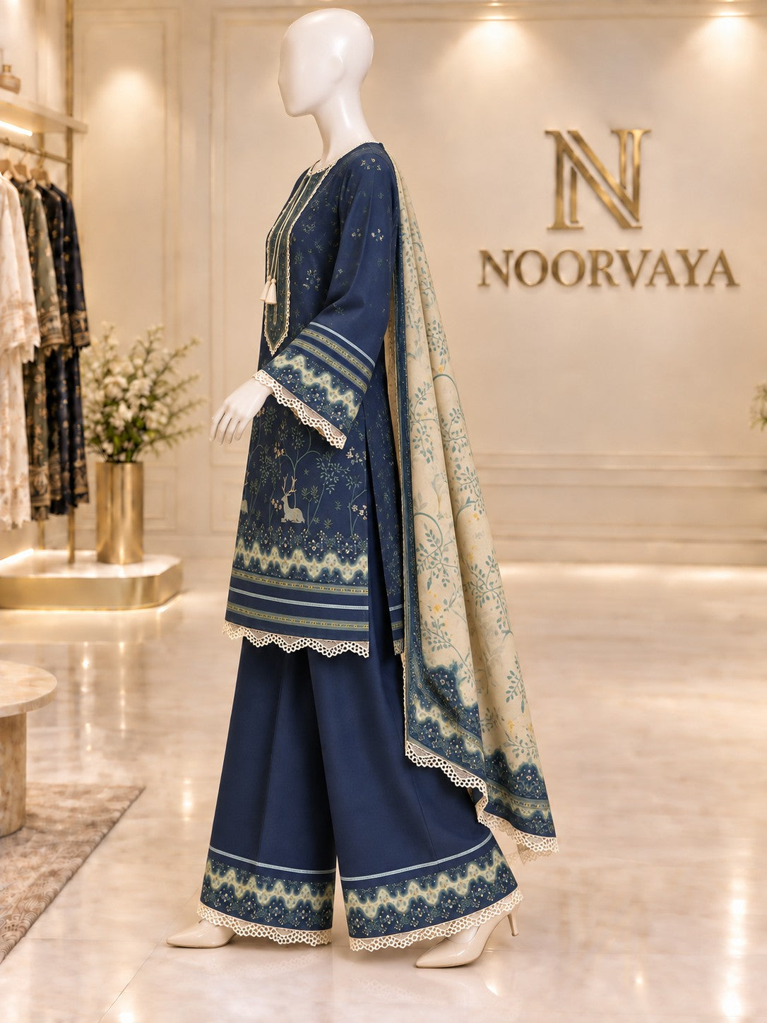 Navy Woodland 3-Piece Printed Lawn Suit - left view