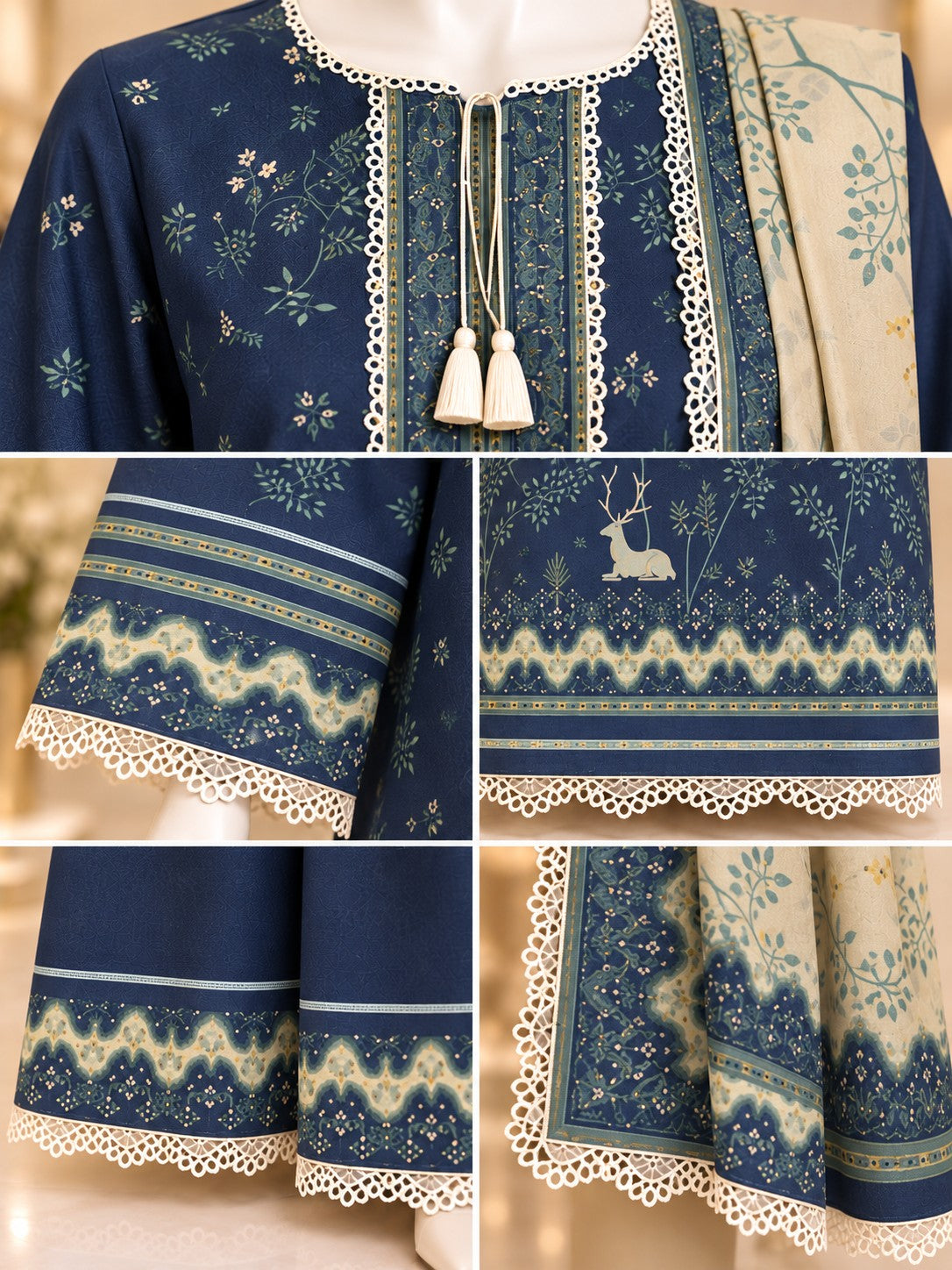Navy Woodland 3-Piece Printed Lawn Suit - details view