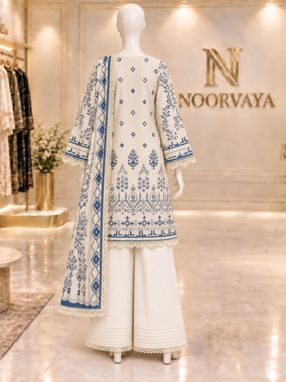 Ivory Indigo 3-Piece Printed Lawn Suit - back view