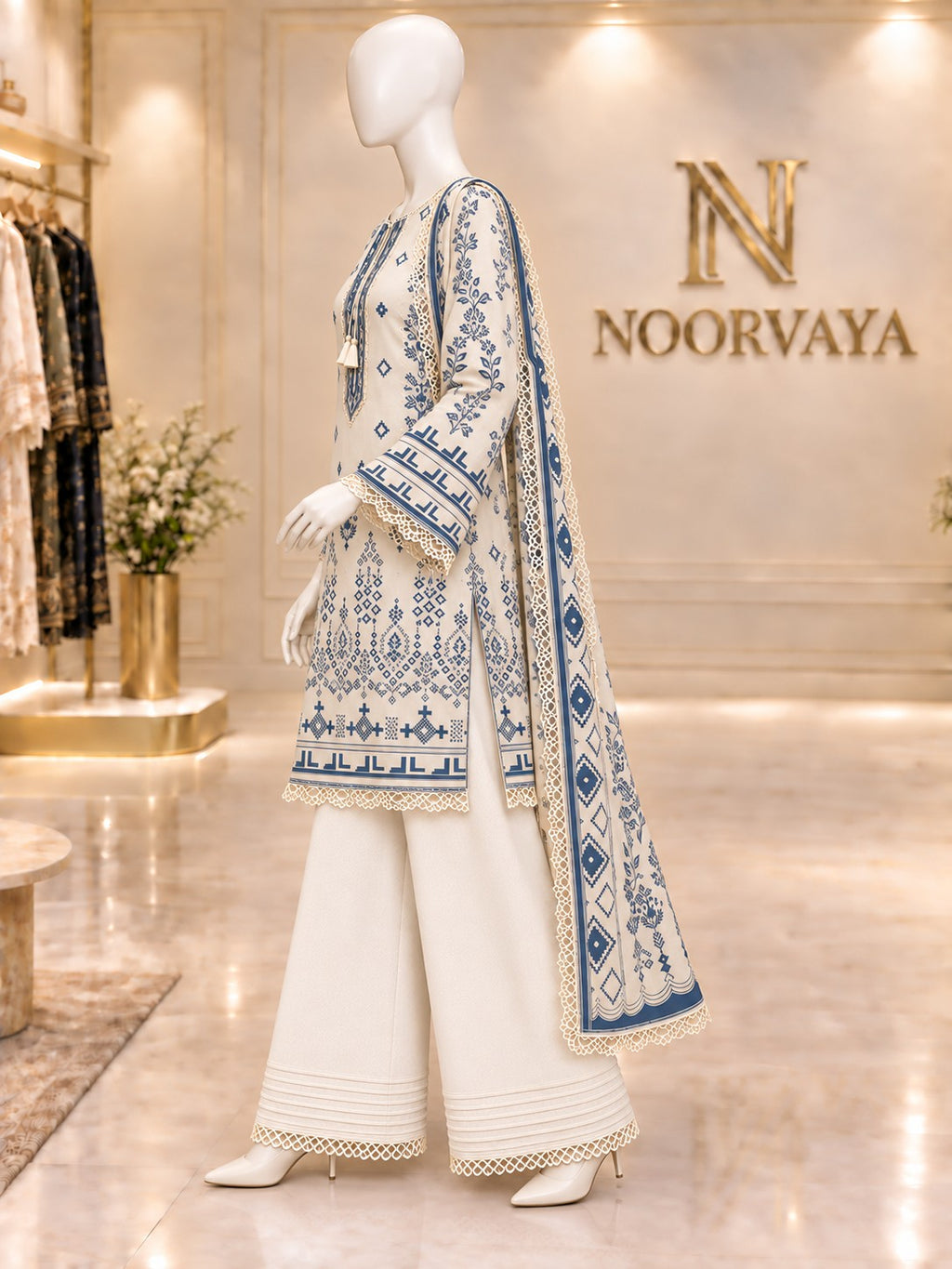 Ivory Indigo 3-Piece Printed Lawn Suit - left view