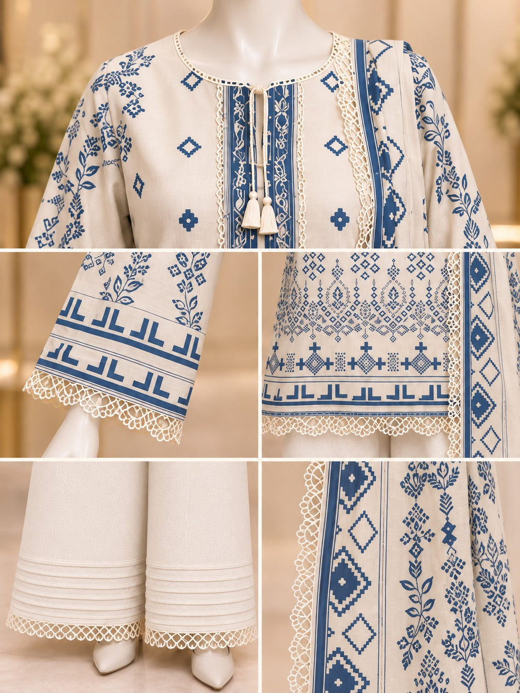 Ivory Indigo 3-Piece Printed Lawn Suit - details view