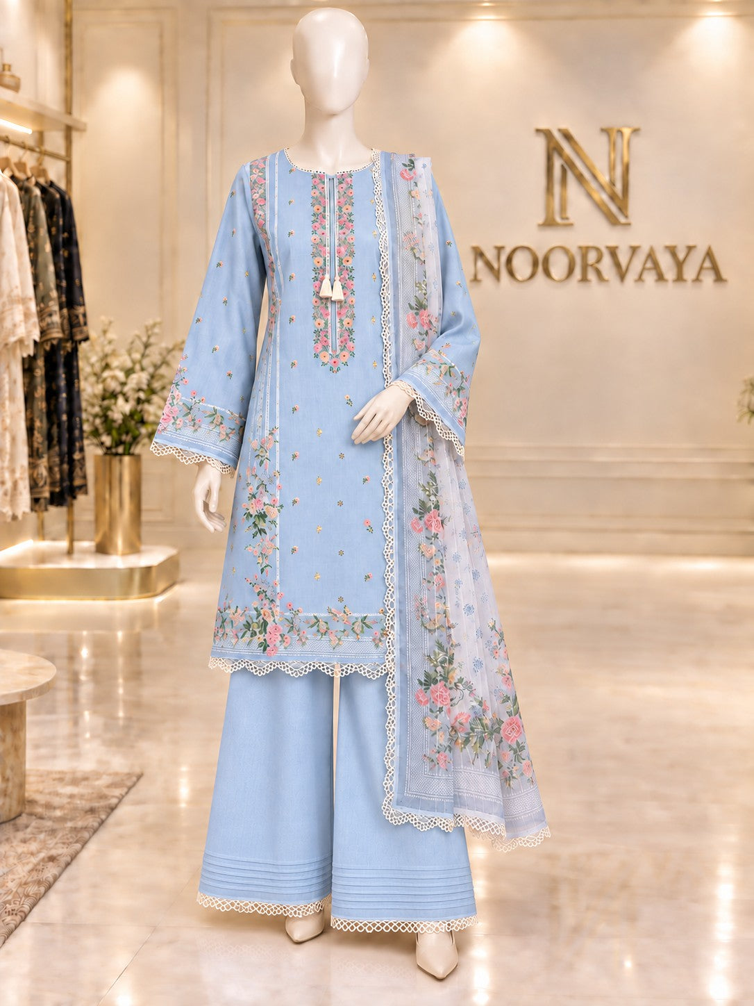 Powder Blue Floral 3-Piece Printed Lawn Suit - front view