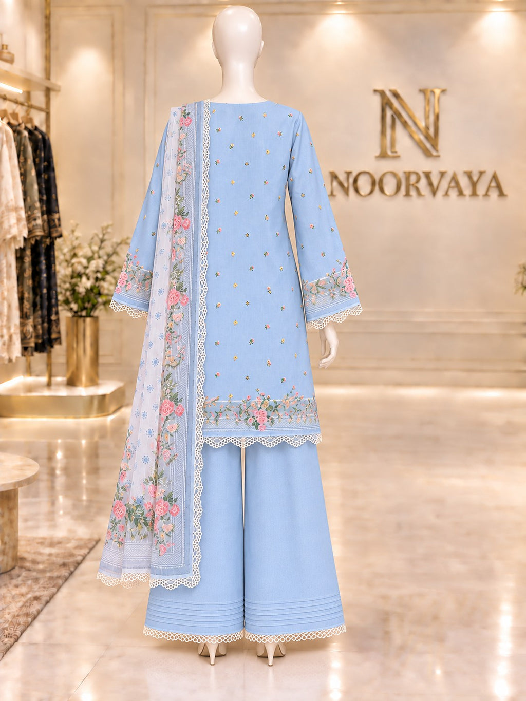 Powder Blue Floral 3-Piece Printed Lawn Suit - back view