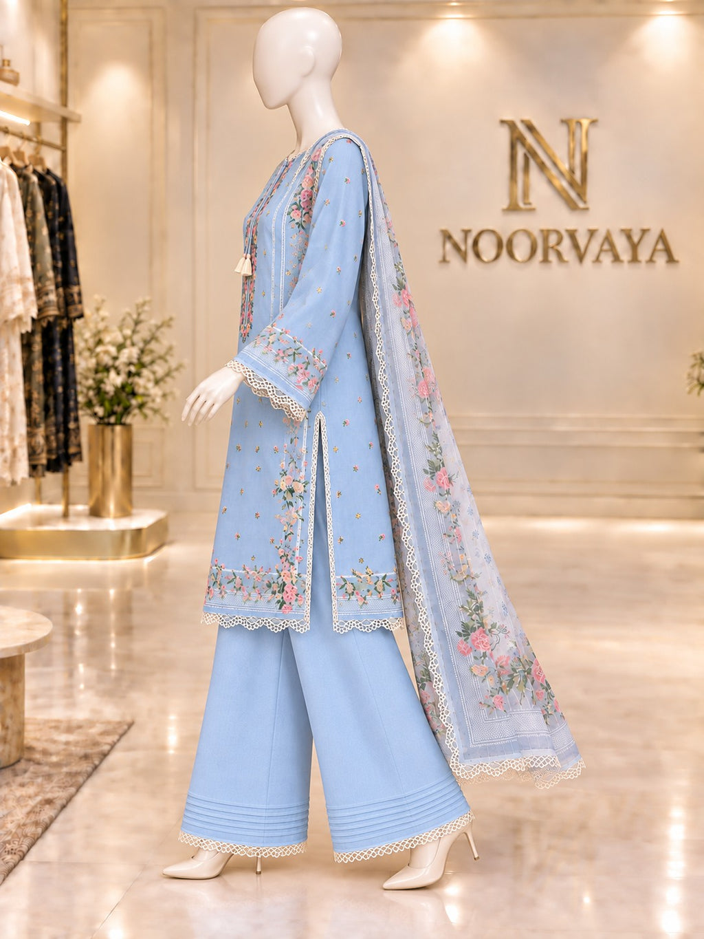 Powder Blue Floral 3-Piece Printed Lawn Suit - left view