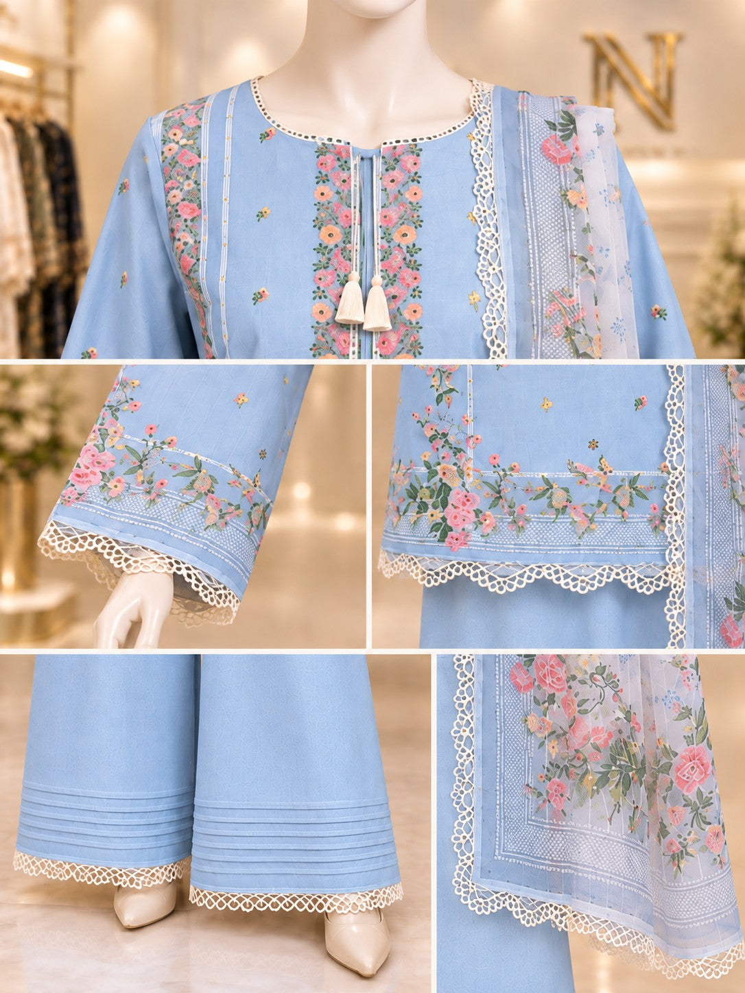 Powder Blue Floral 3-Piece Printed Lawn Suit - details view