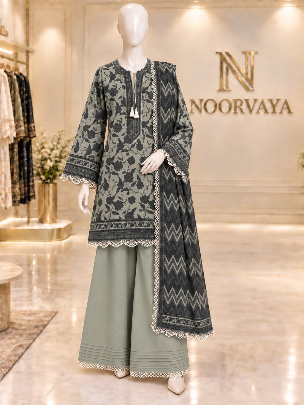 Sage Charcoal 3-Piece Printed Lawn Suit - front view