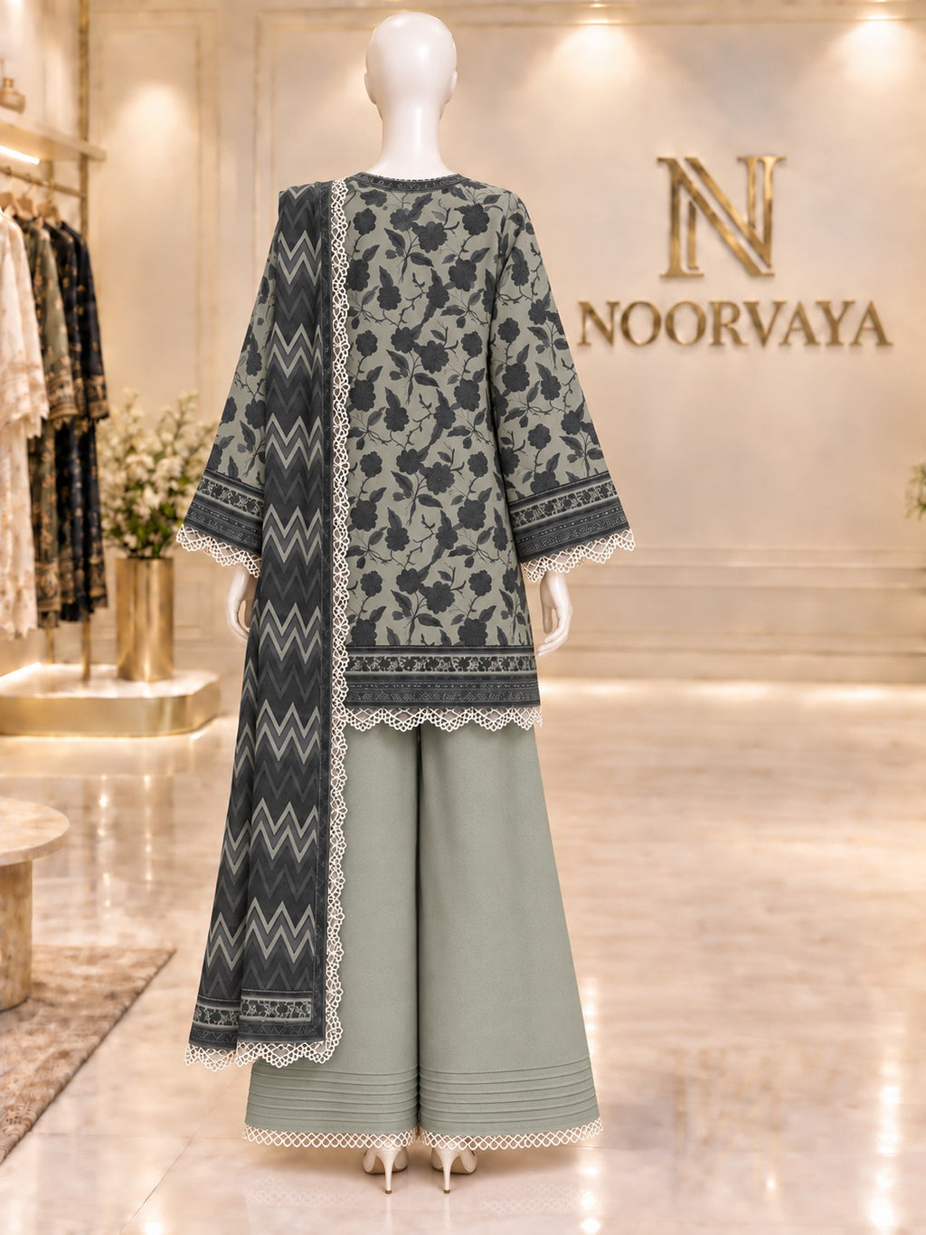 Sage Charcoal 3-Piece Printed Lawn Suit - back view