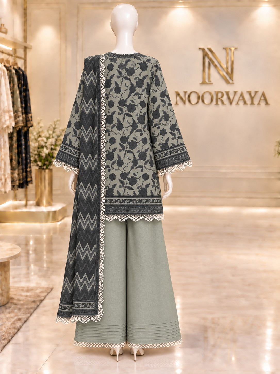 Sage Charcoal 3-Piece Printed Lawn Suit - back view
