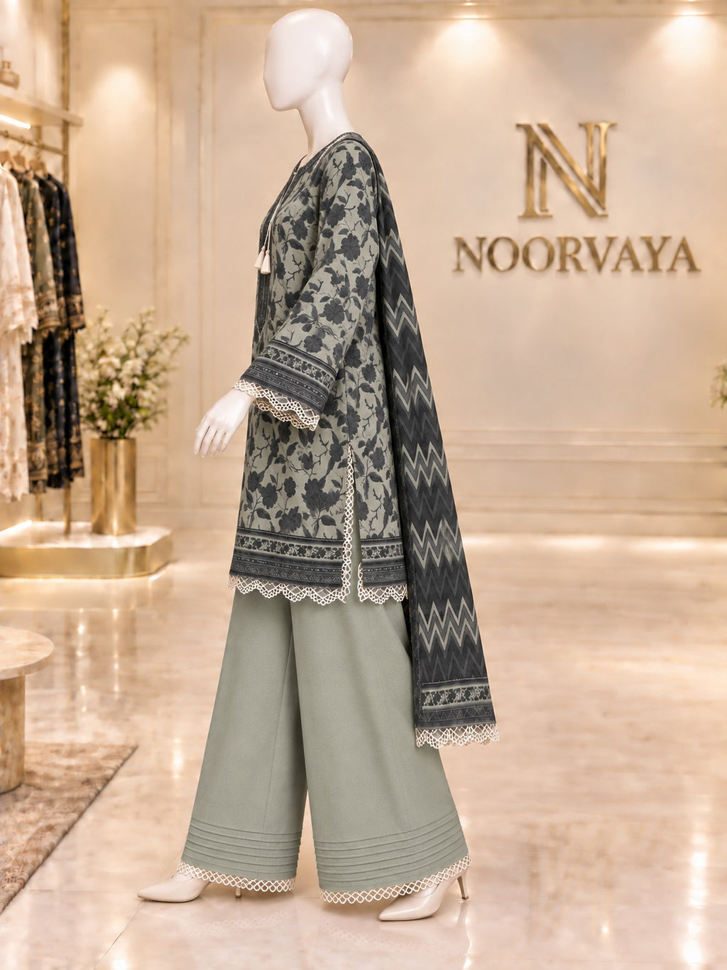 Sage Charcoal 3-Piece Printed Lawn Suit - left view
