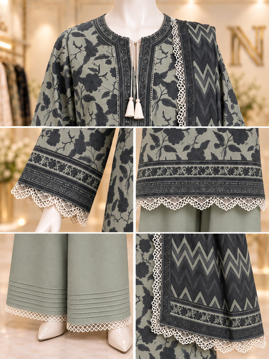 Sage Charcoal 3-Piece Printed Lawn Suit - details view