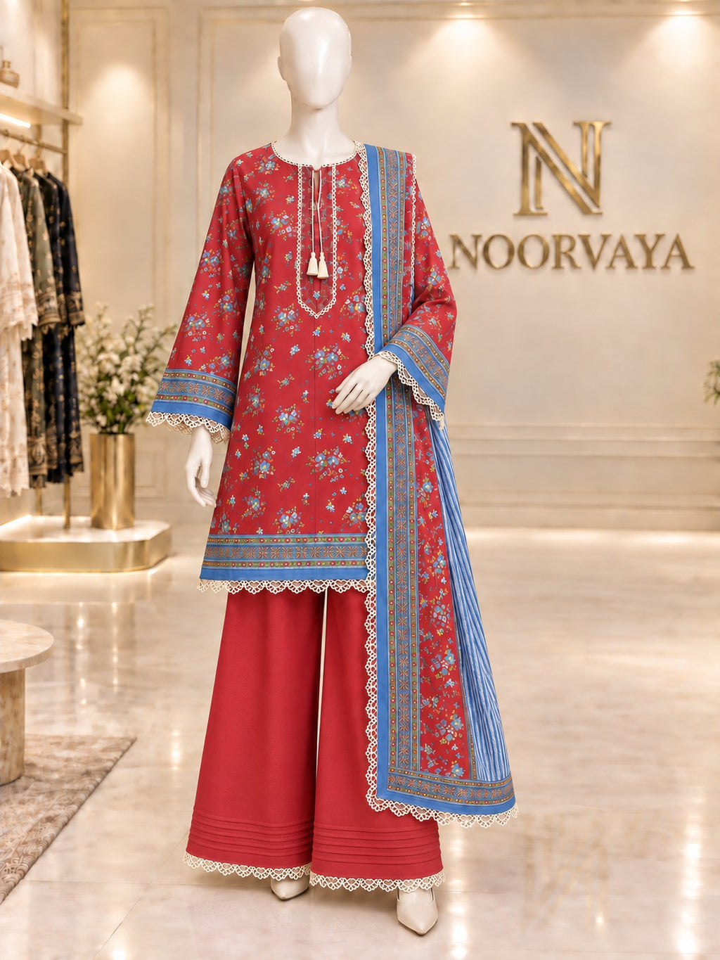 Red Blue Floral 3-Piece Printed Lawn Suit - front view