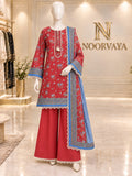Red Blue Floral 3-Piece Printed Lawn Suit - front view