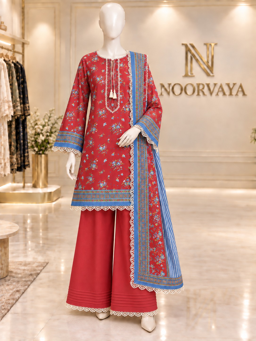 Red Blue Floral 3-Piece Printed Lawn Suit - front view
