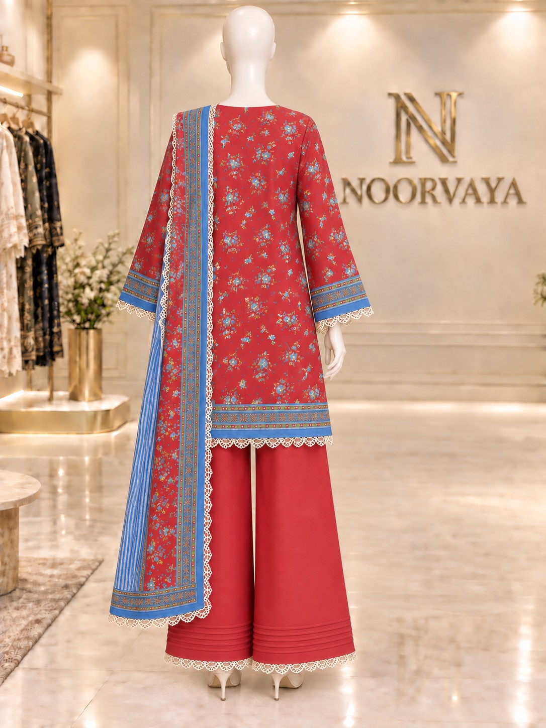 Red Blue Floral 3-Piece Printed Lawn Suit - back view