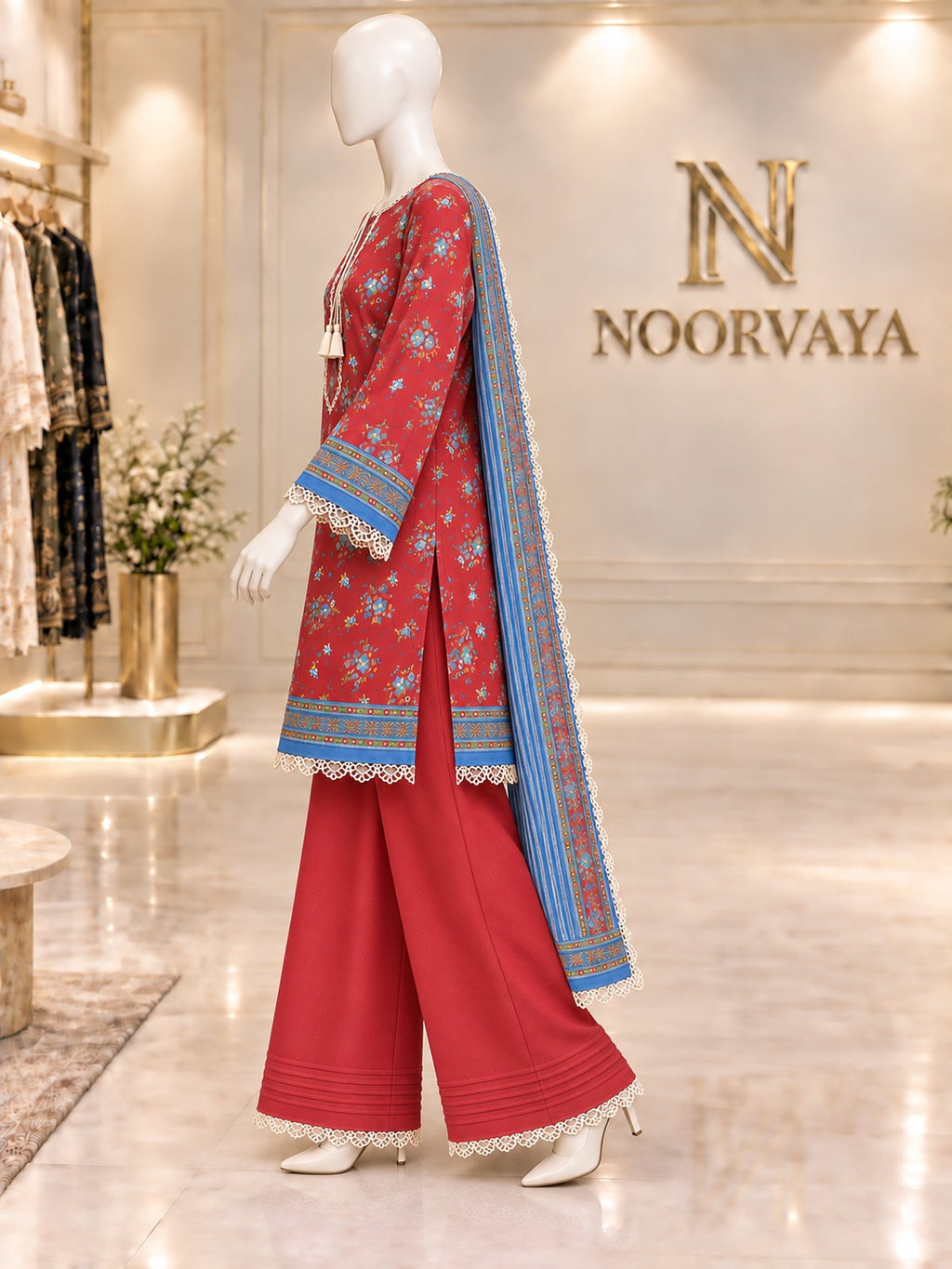 Red Blue Floral 3-Piece Printed Lawn Suit - left view