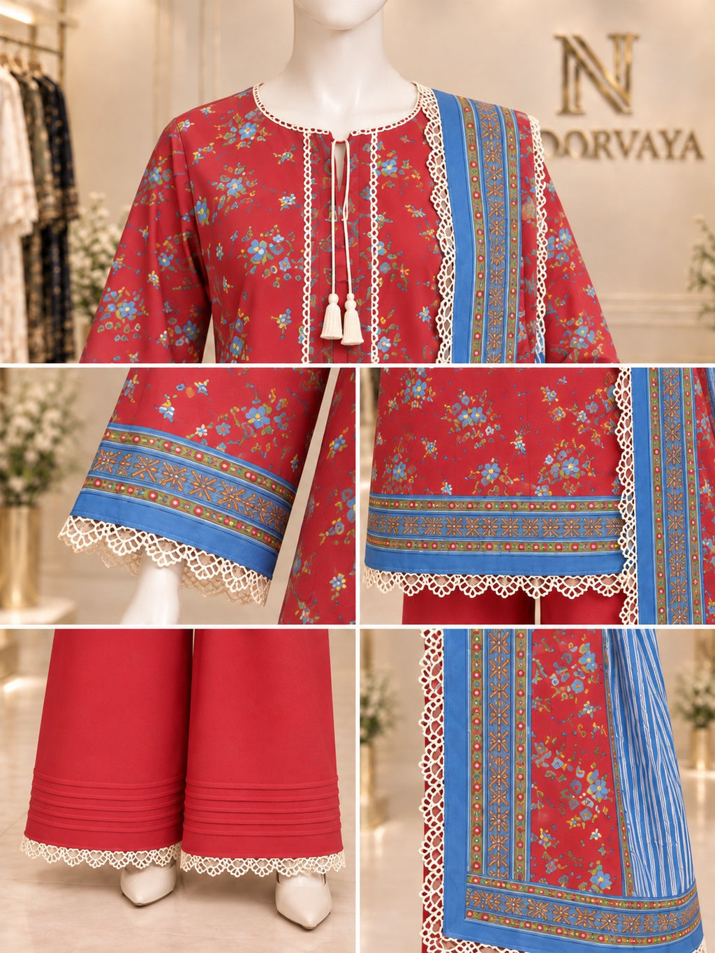 Red Blue Floral 3-Piece Printed Lawn Suit - details view