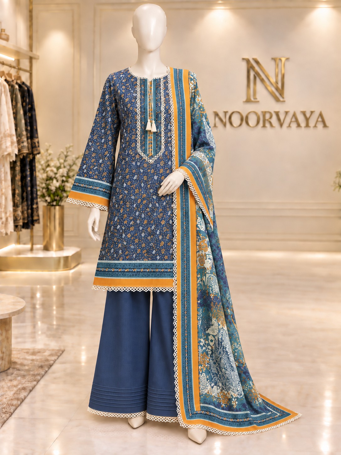 Navy Ochre 3-Piece Printed Lawn Suit - front view