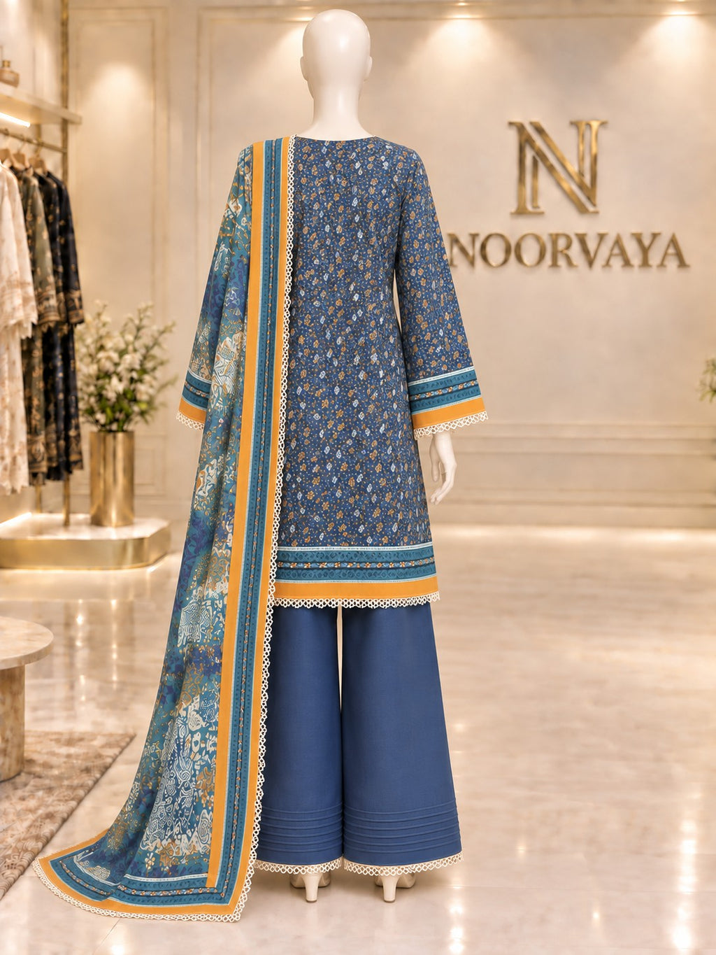 Navy Ochre 3-Piece Printed Lawn Suit - back view