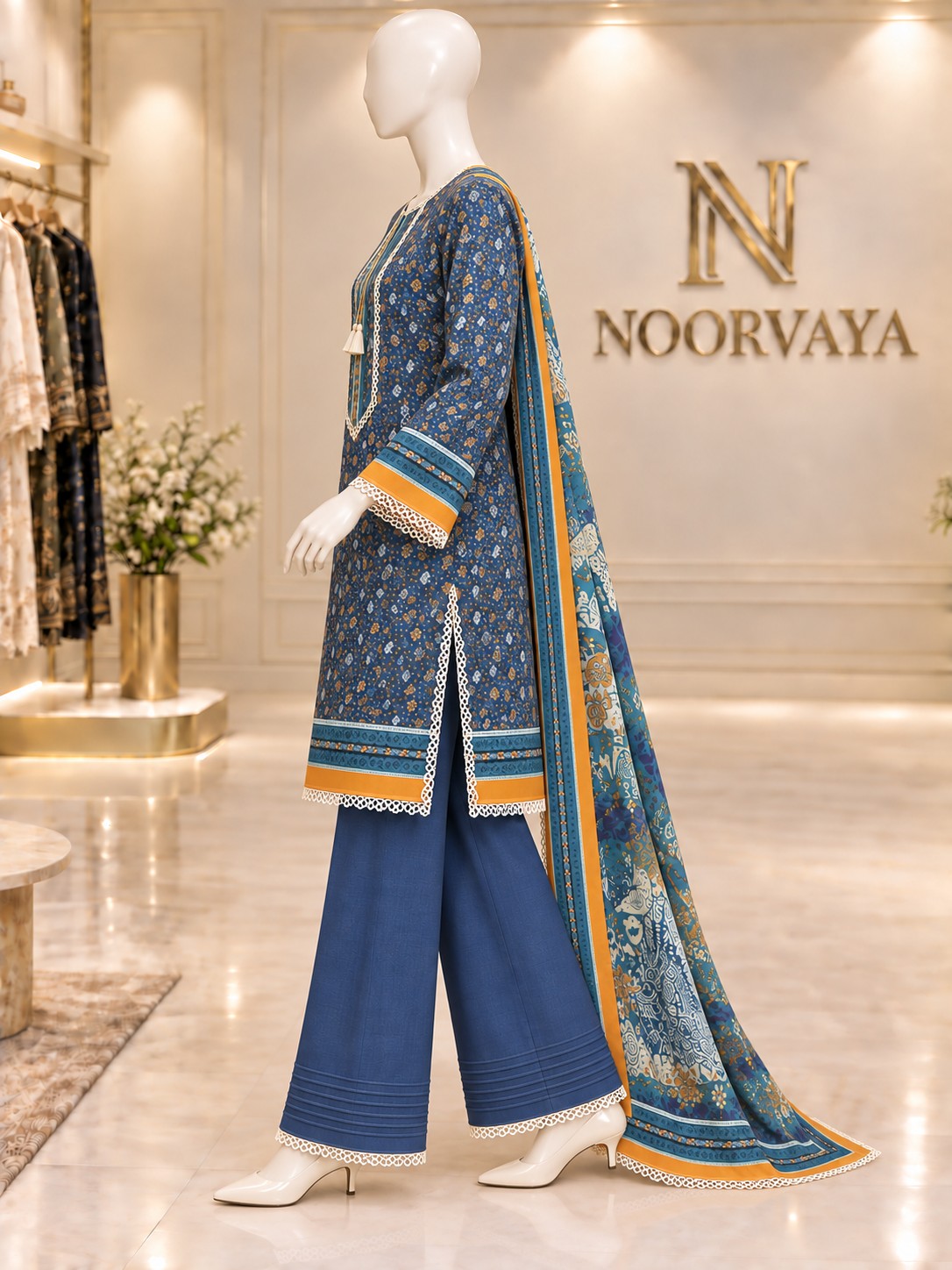 Navy Ochre 3-Piece Printed Lawn Suit - left view