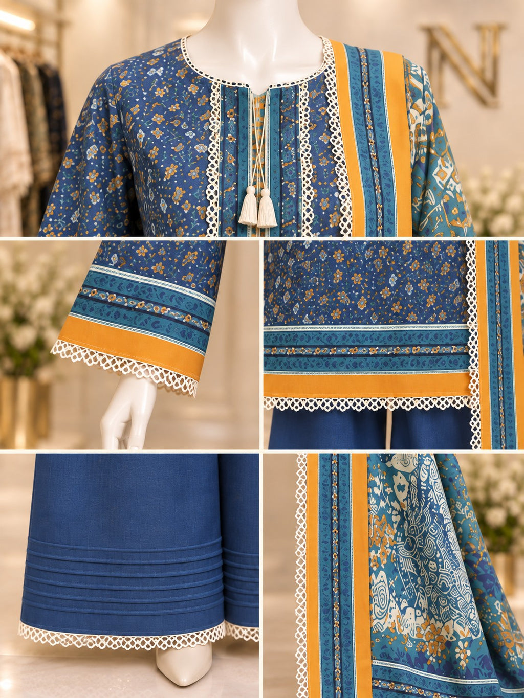 Navy Ochre 3-Piece Printed Lawn Suit - details view