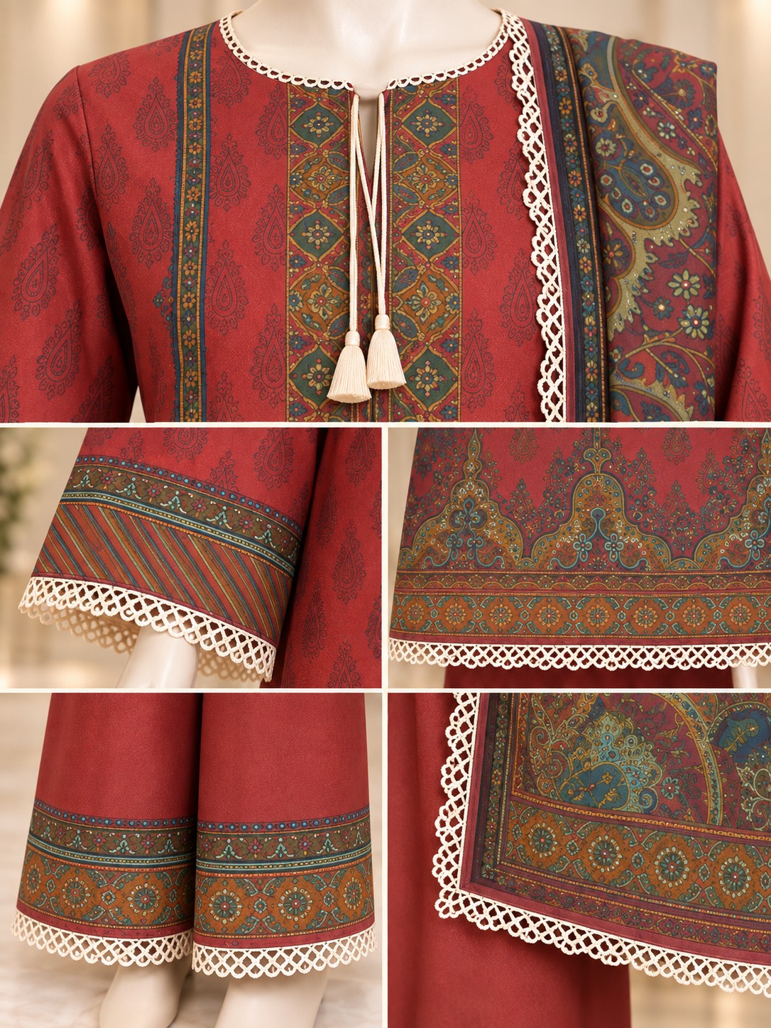 Rust Paisley 3-Piece Printed Lawn Suit - details view