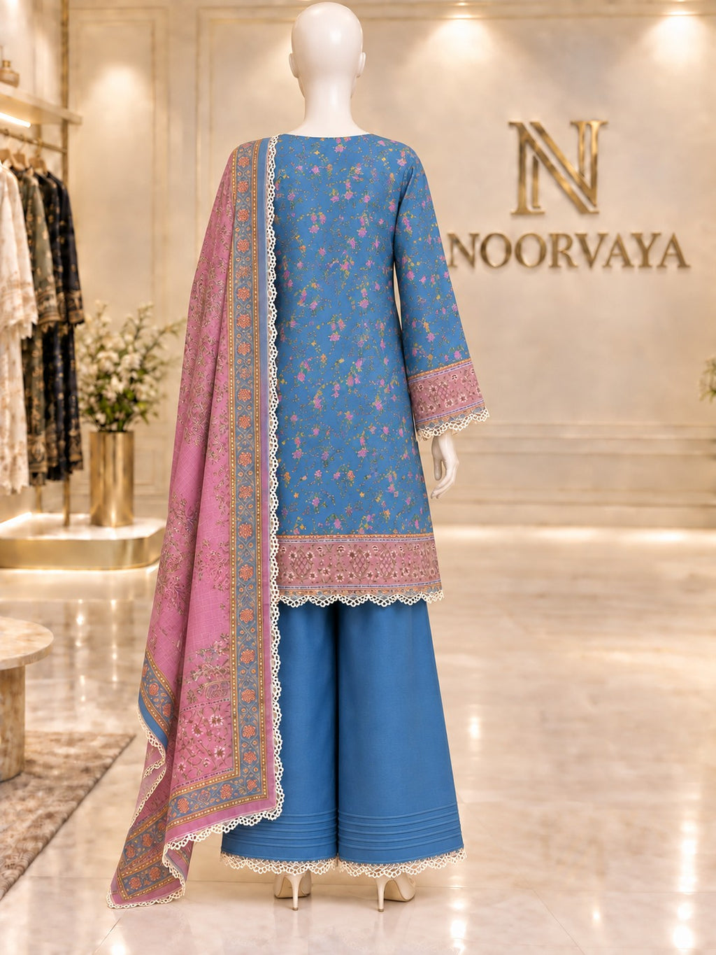 Blue Rose 3-Piece Printed Lawn Suit - back view