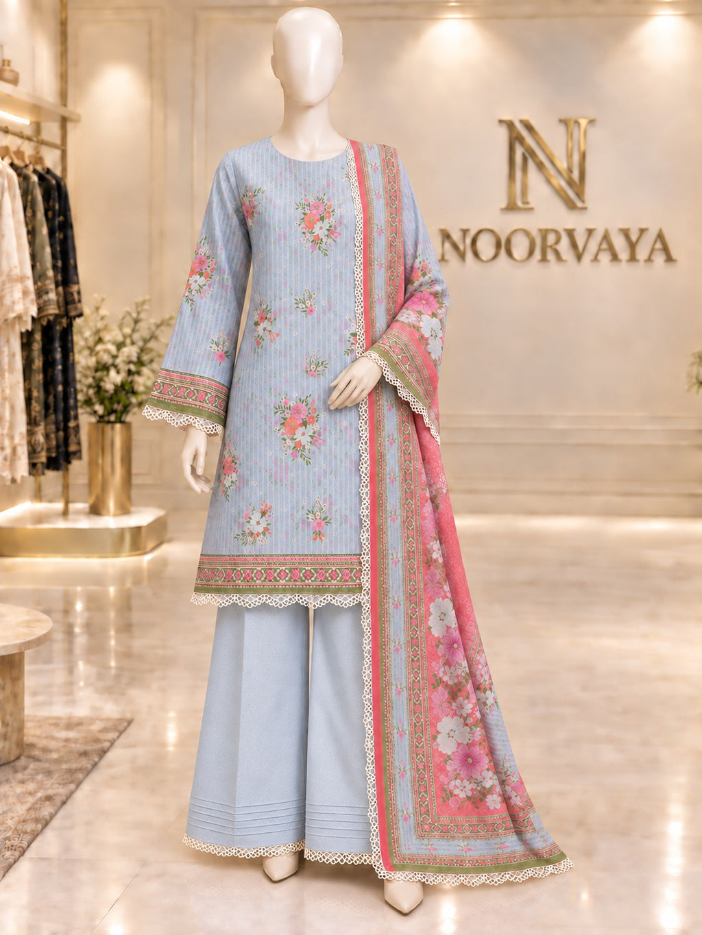 Pale Blue Coral 3-Piece Printed Lawn Suit - front view