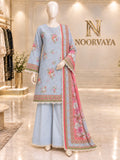 Pale Blue Coral 3-Piece Printed Lawn Suit - front view