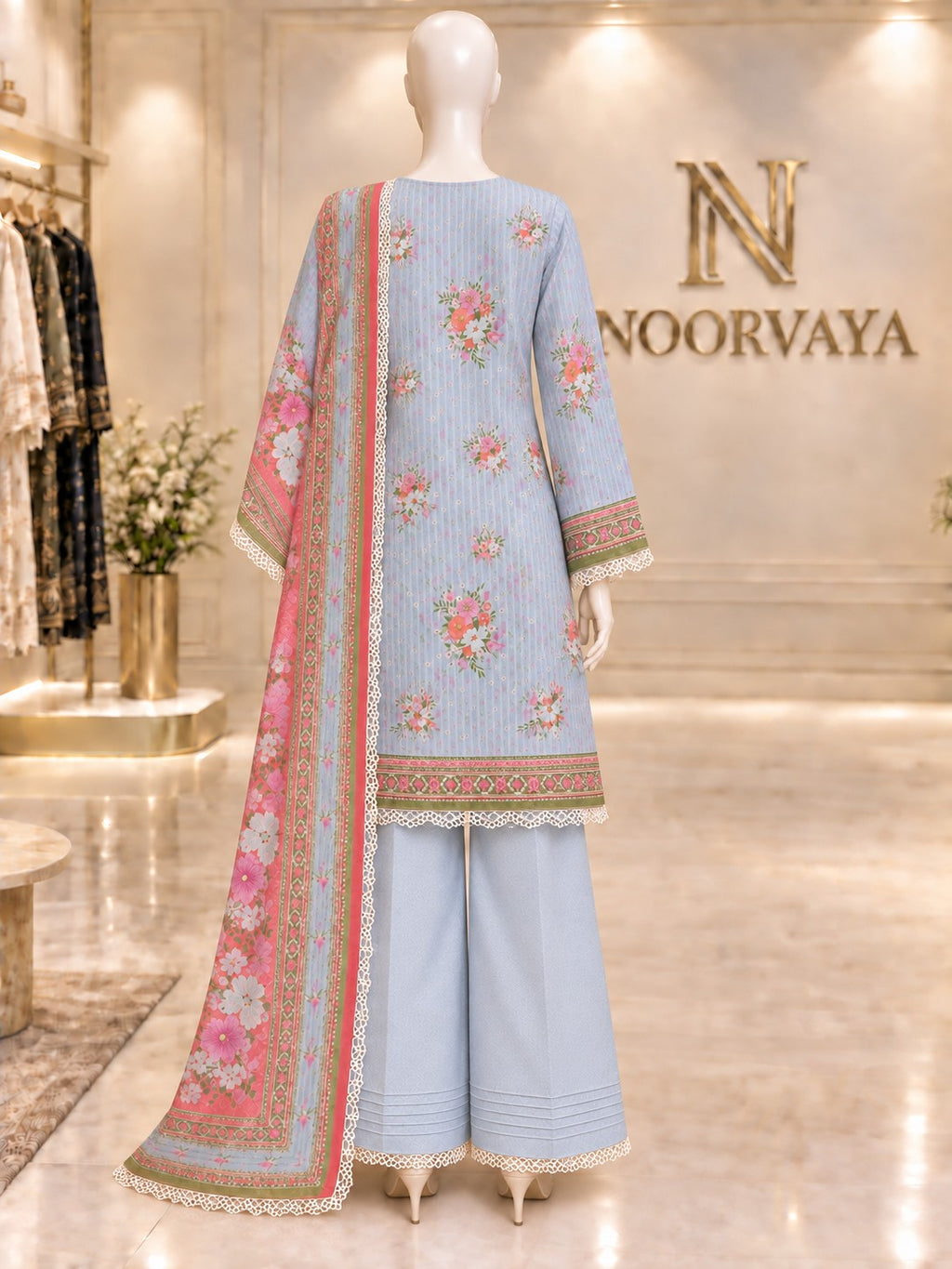 Pale Blue Coral 3-Piece Printed Lawn Suit - back view