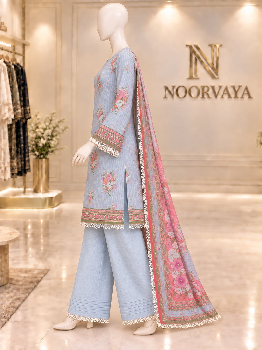 Pale Blue Coral 3-Piece Printed Lawn Suit - left view