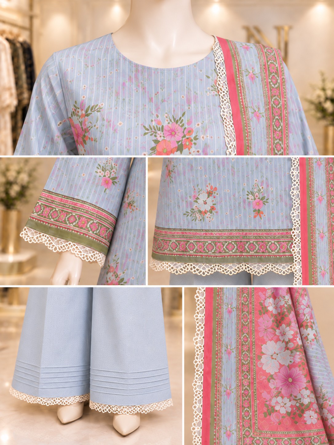 Pale Blue Coral 3-Piece Printed Lawn Suit - details view
