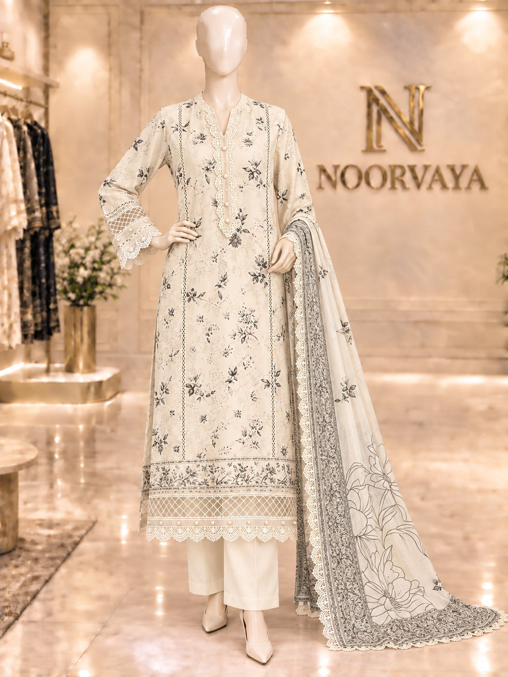 Ivory Botanical 3-Piece Printed Suit - front view