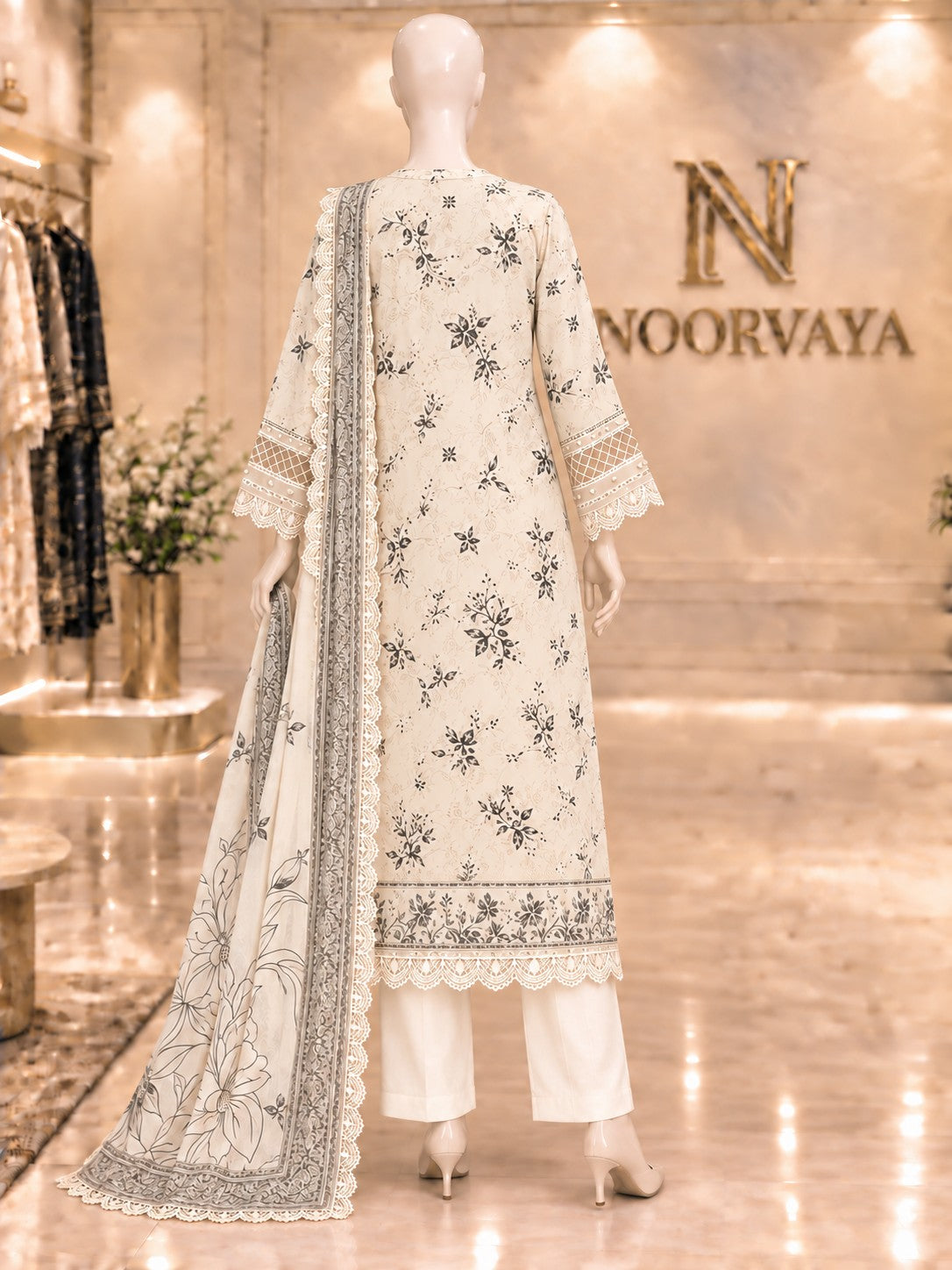 Ivory Botanical 3-Piece Printed Suit - back view