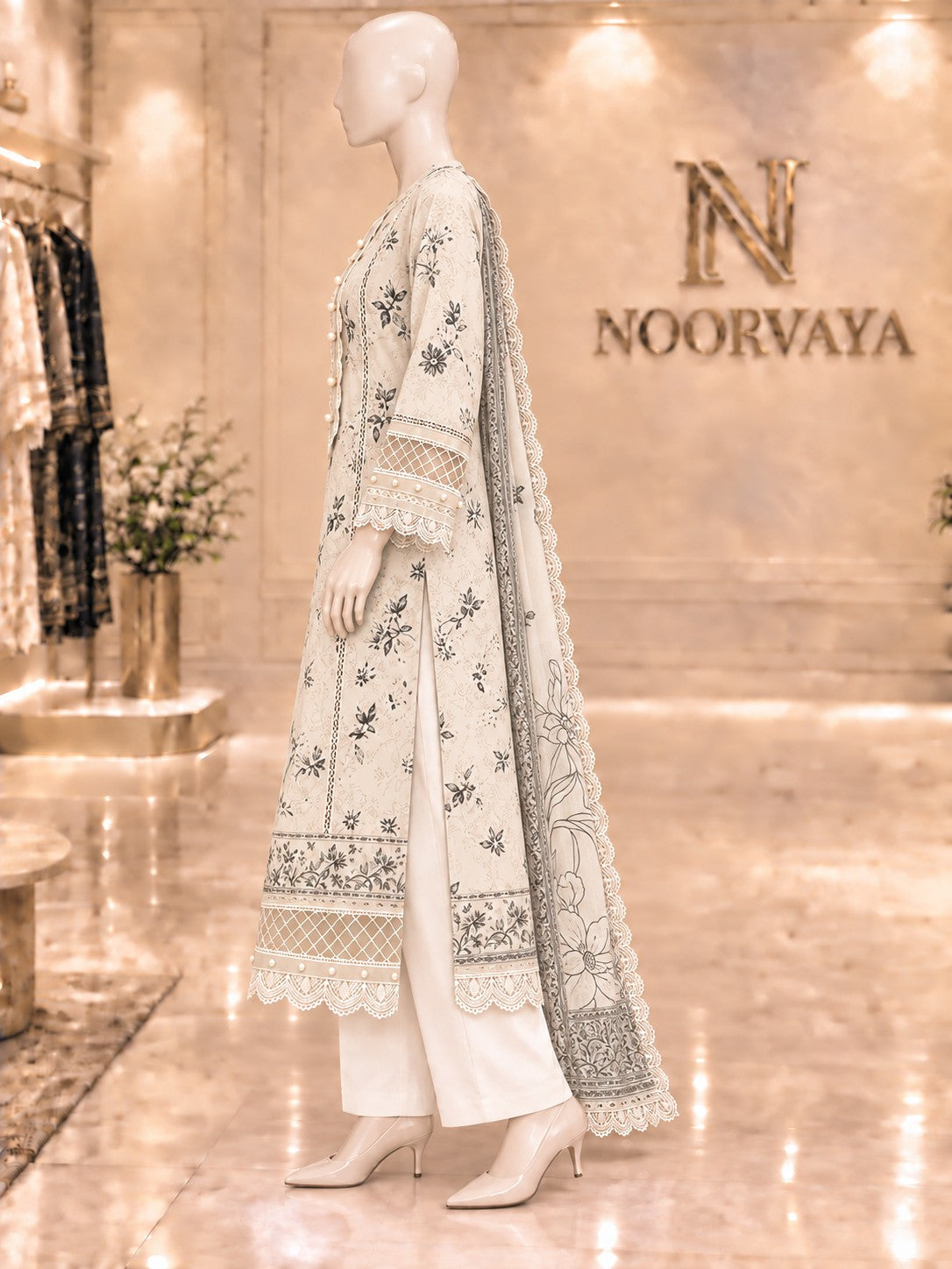 Ivory Botanical 3-Piece Printed Suit - left view